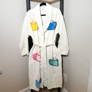 Vintage Stan Herman White Chenille Robe — Colorful Coffee Cups - VINTAGE